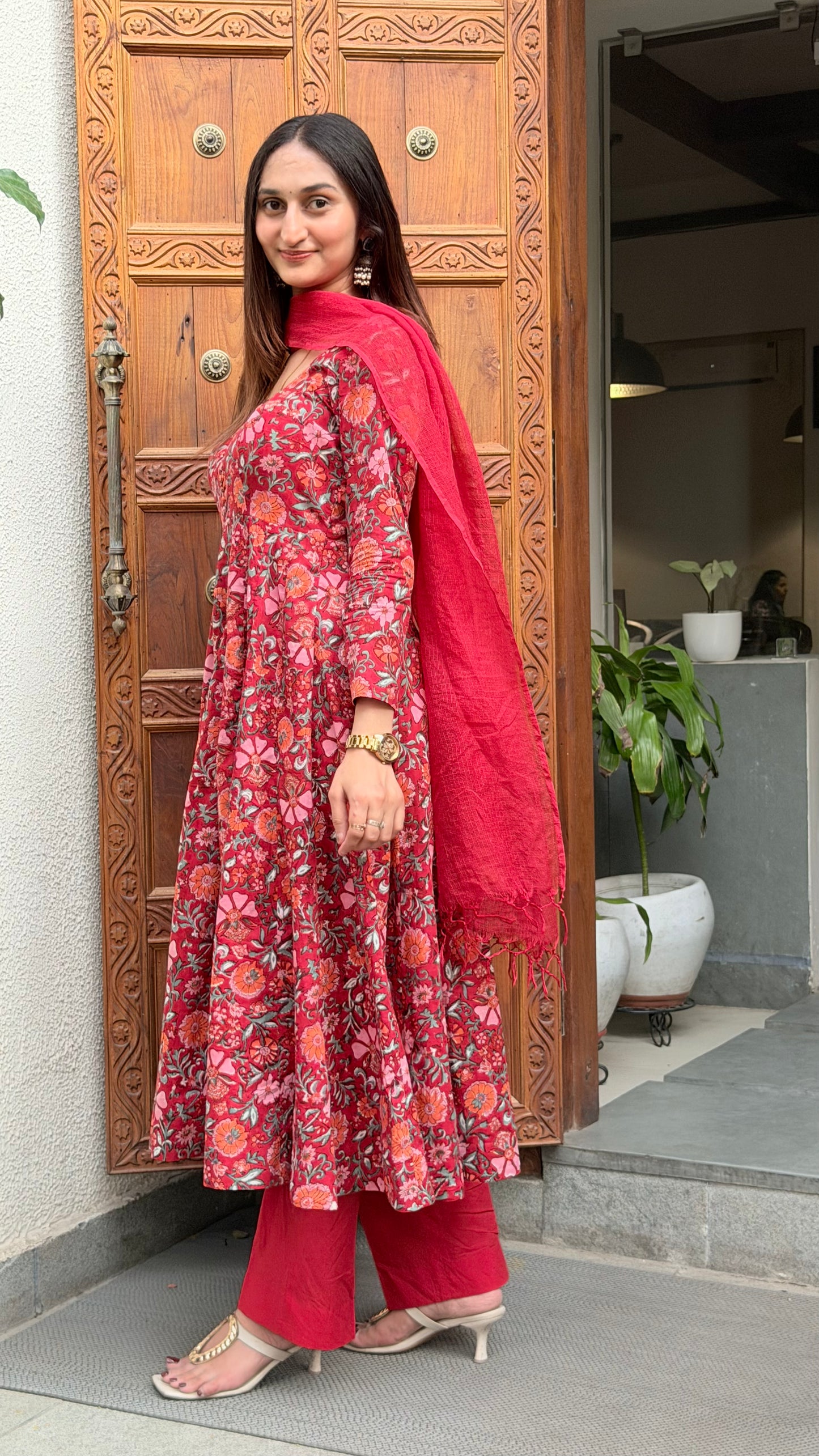 Red Floral Anarkali Suit Set