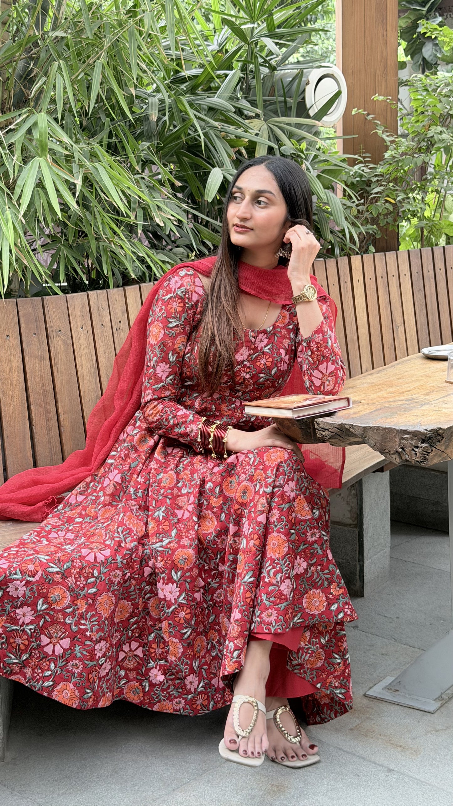 Red Floral Anarkali Suit Set