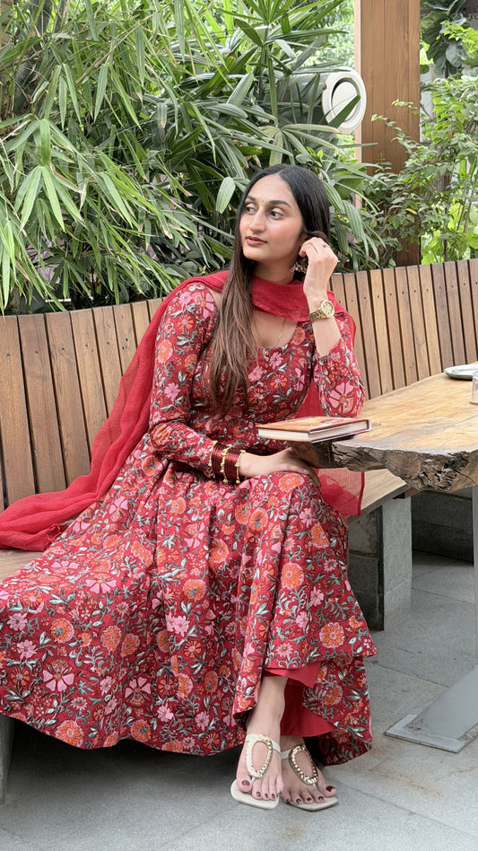 Red Floral Anarkali Suit Set